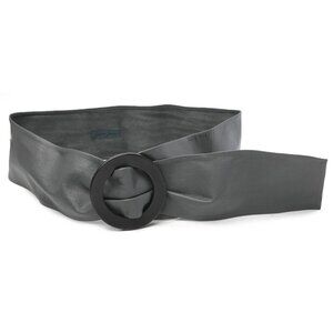 Vintage Susana Grazo Leather Wrap Wide Belt Large Round Wood Buckle Grey Black